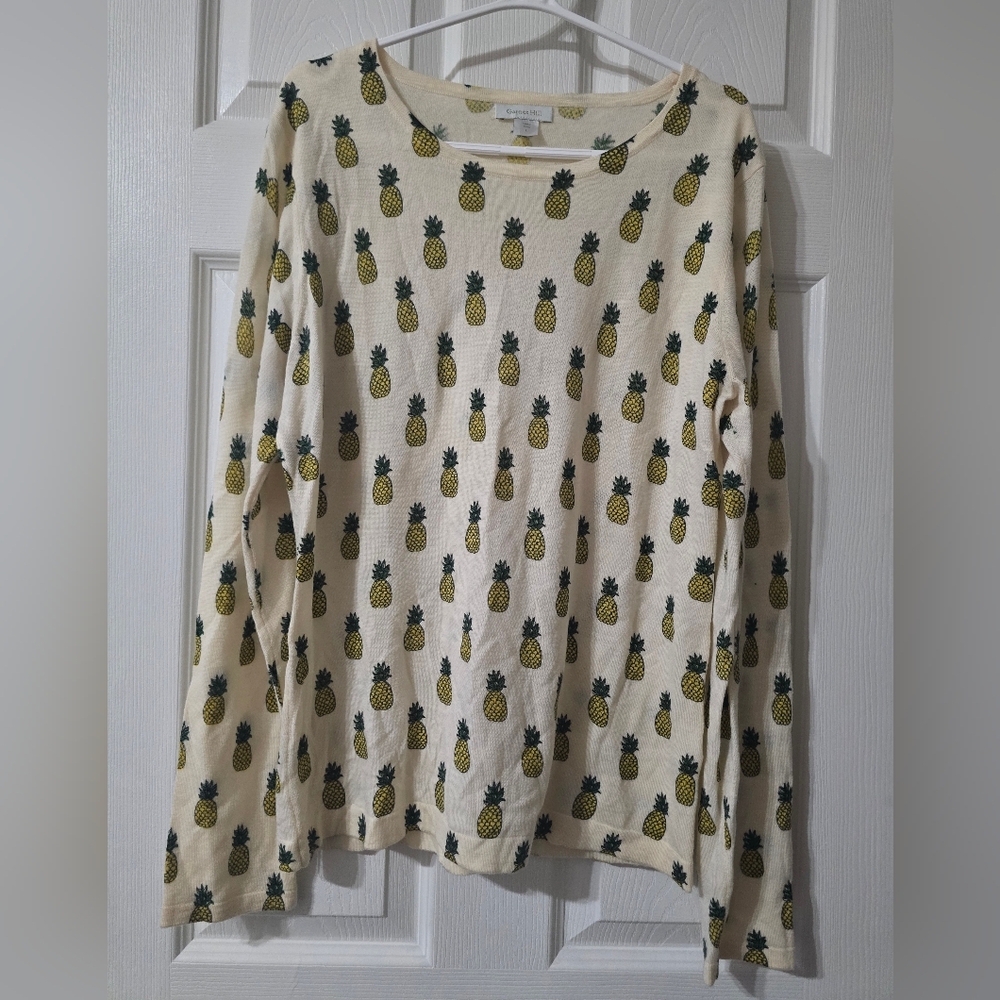 Garnet Hill 100% Merino Wool Pineapple Print Crewneck Sweater, Lightweight, EUC!